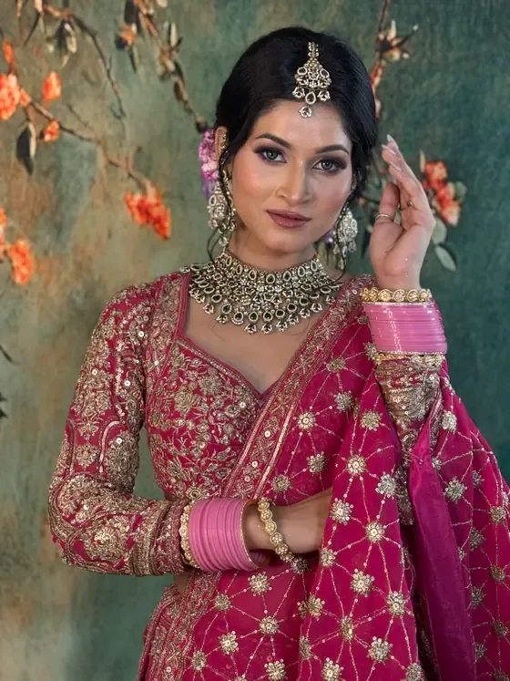 Bride in magenta with gold bangles and a painted backdrop